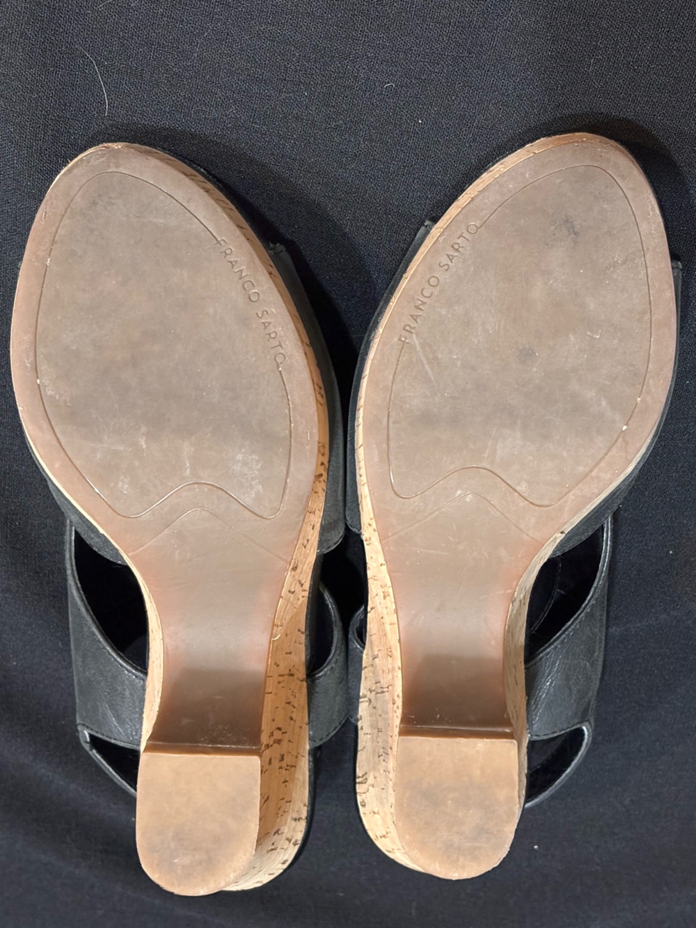 Franco Sarto Black Leather Wedge Sandals Peep Toe Cork Platform Heel Size 7 - Picture 9 of 11